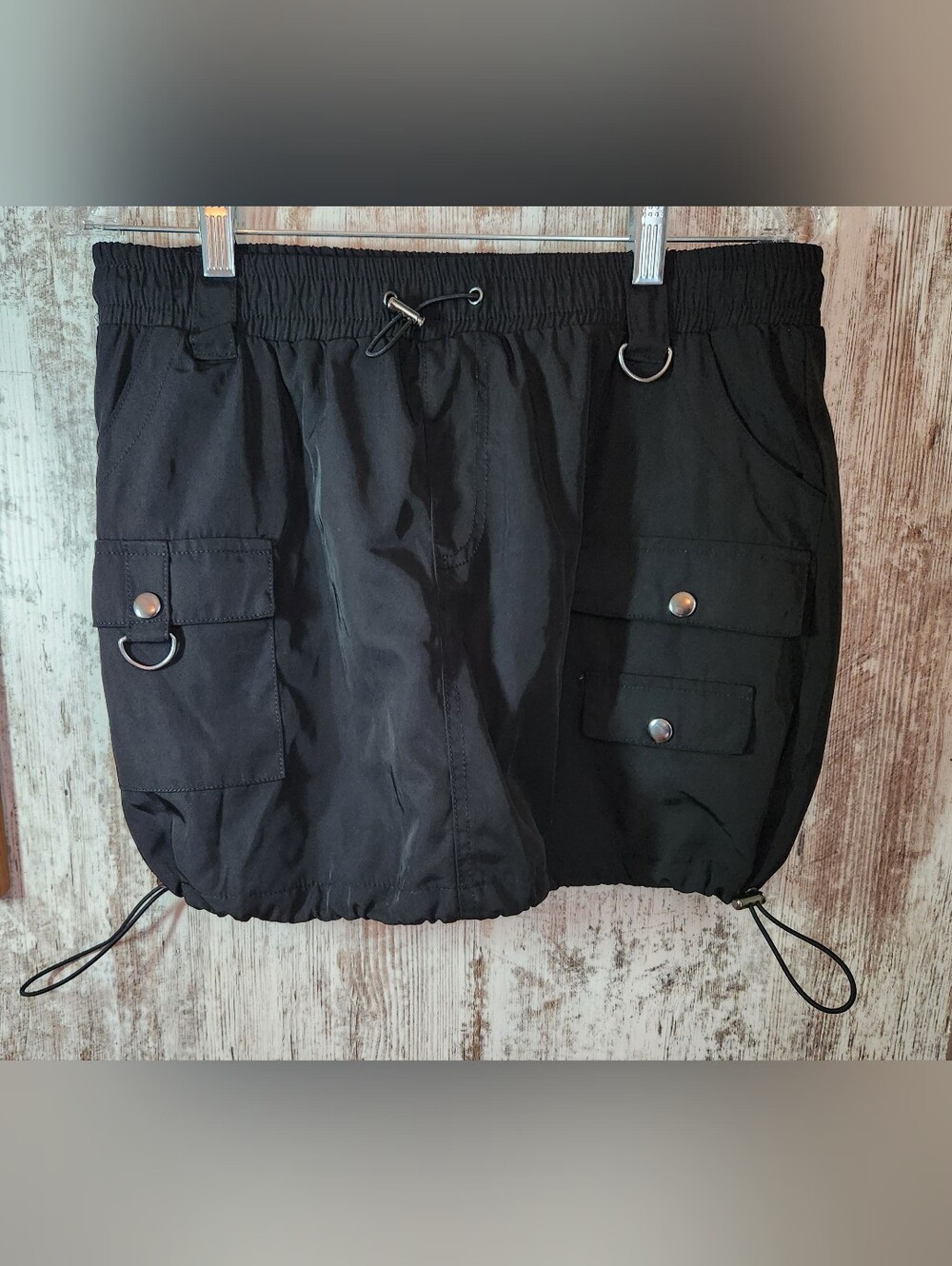 Fashion Nova Black Nylon Parachute Bubble Cargo Mini Skirt Large Halloween Punk